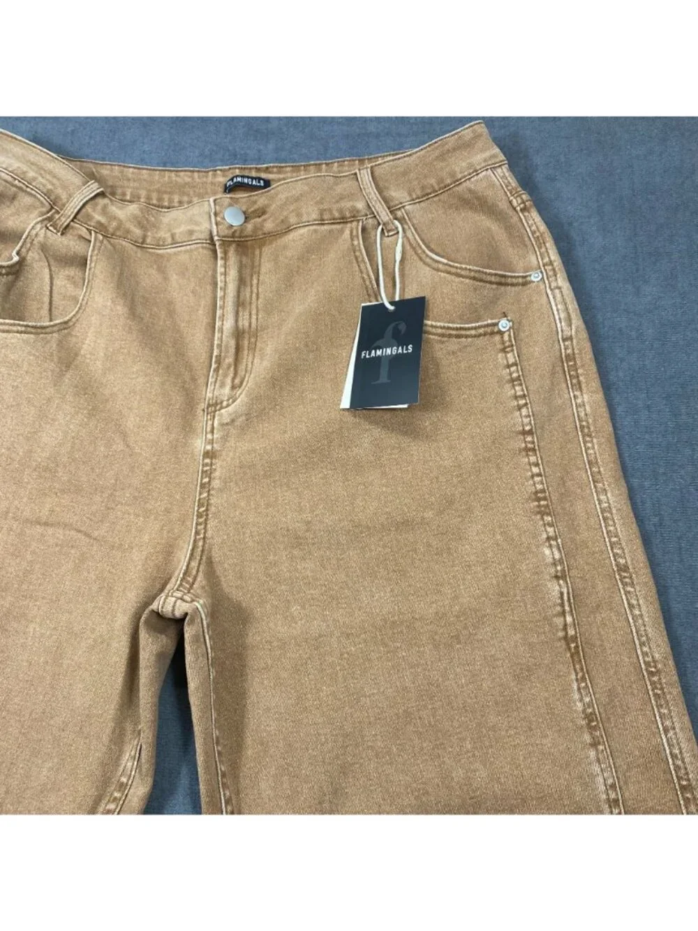 Flamingals Womens Tan Wide-Leg Cropped Jeans Size 2XL Cuffed Hem Stretch Denim_7
